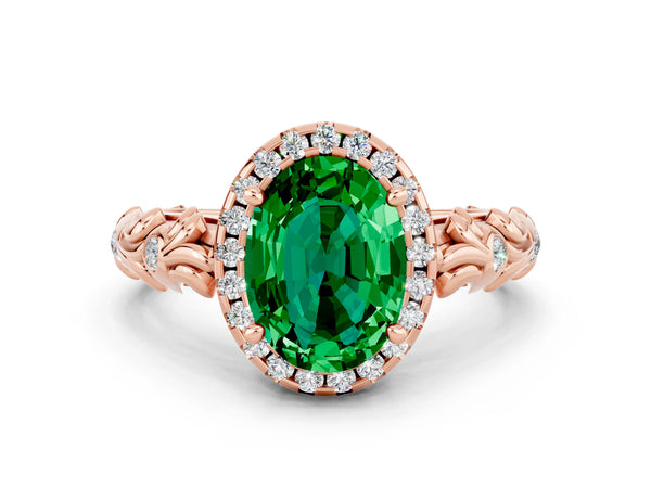 Rose gold Oval Cut Emerald Halo Ring with Filigree Band and Prong Setting