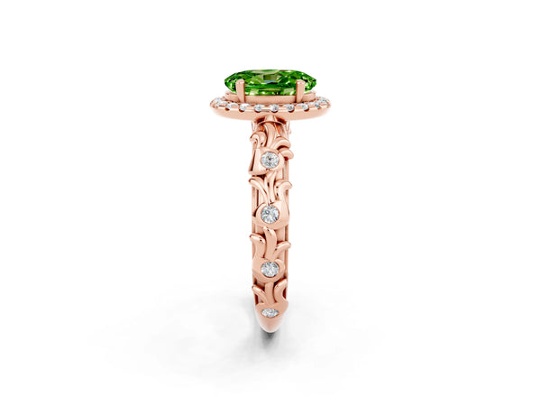 Rose gold Oval Cut Peridot Halo Ring with Filigree Band and Prong Setting