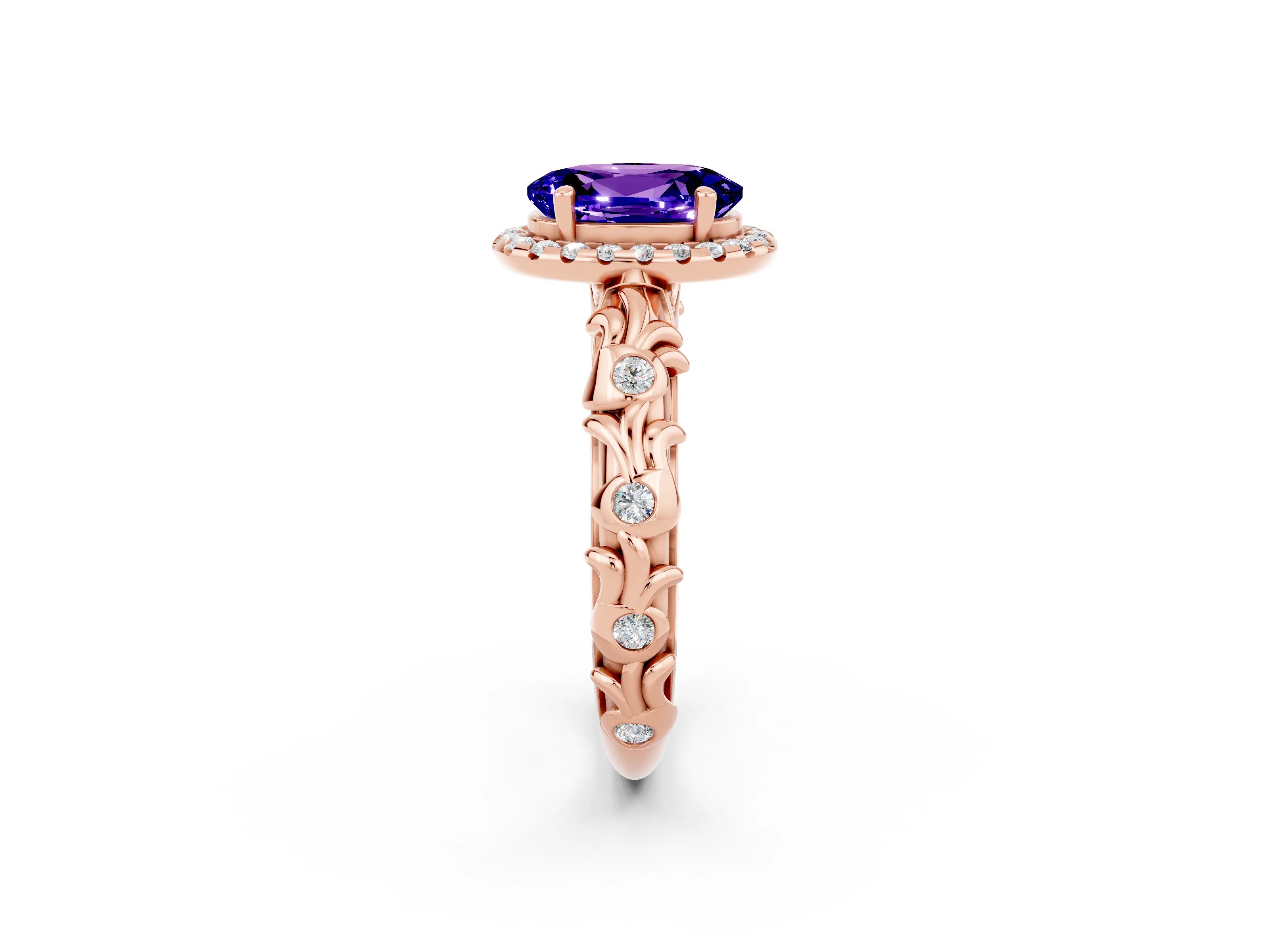 Rose gold Oval Cut Halo Diamond Solitaire with Filigree Band and Four-Prong Setting_2