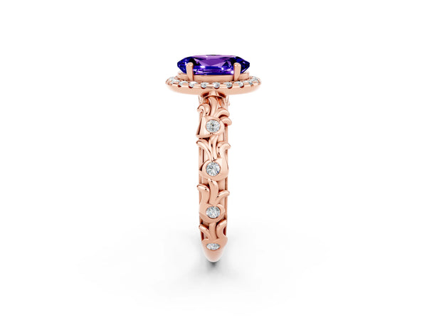 Rose gold Oval Cut Tanzanite Halo Ring with Filigree Band and Prong Setting