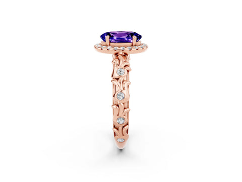 Rose gold Oval Cut Halo Diamond Solitaire with Filigree Band and Four-Prong Setting_2