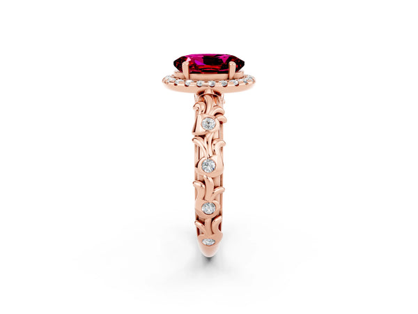 Rose gold Oval Cut Garnet Halo Ring with Filigree Band and Prong Setting