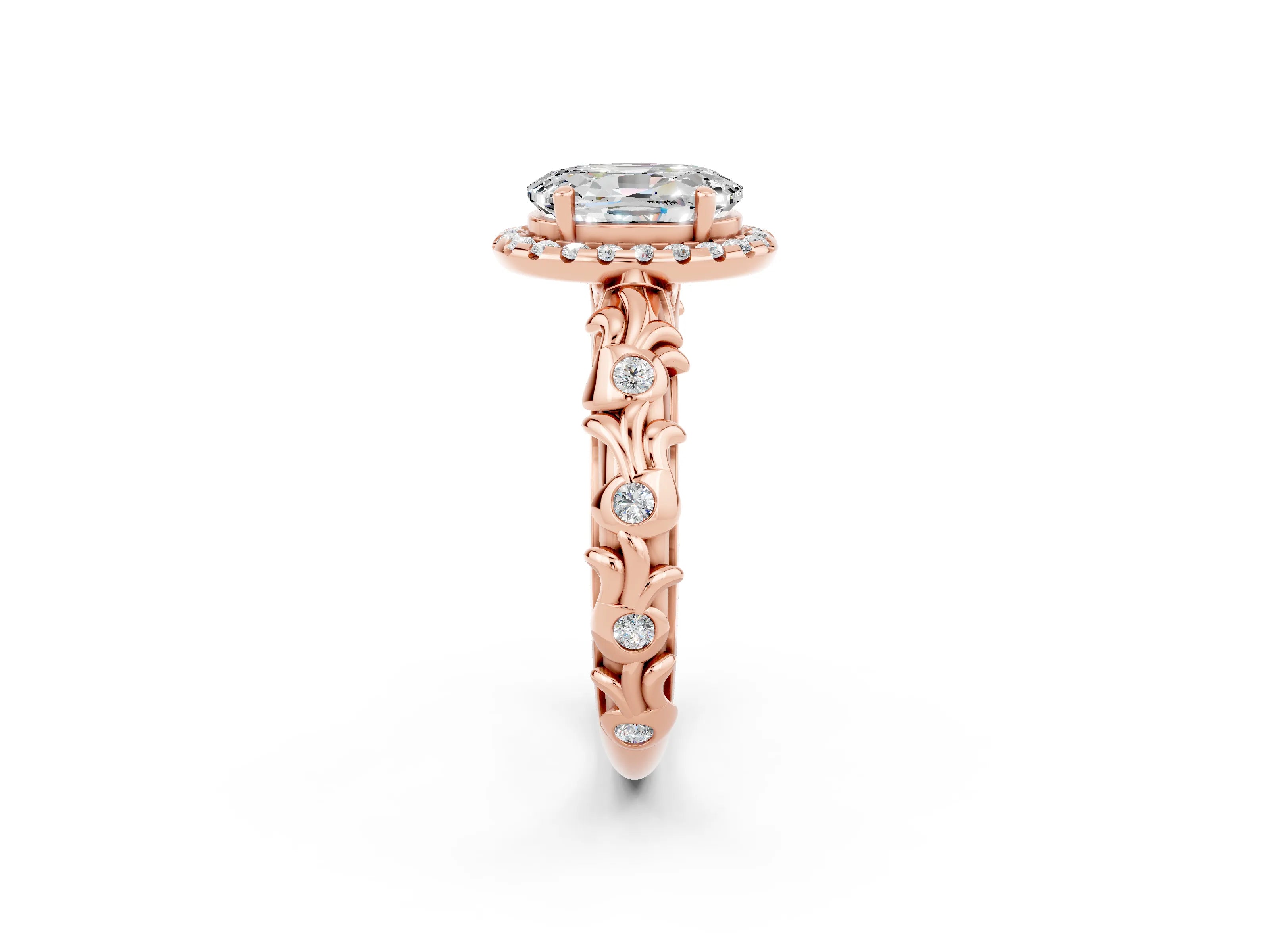 Rose gold Oval Cut Halo Diamond Solitaire with Filigree Band and Four-Prong Setting_2