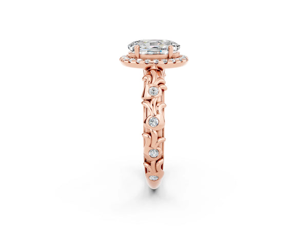 Rose gold Oval Cut Moissanite Halo Ring with Filigree Band and Prong Setting