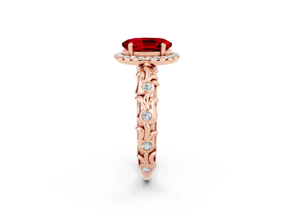 Rose gold Oval Cut Ruby Halo Ring with Filigree Band and Prong Setting