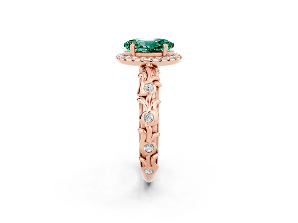 Rose gold Oval Cut Green Sapphire Halo Ring with Filigree Band and Prong Setting