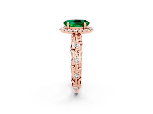 Rose gold Oval Cut Emerald Halo Ring with Filigree Band and Prong Setting