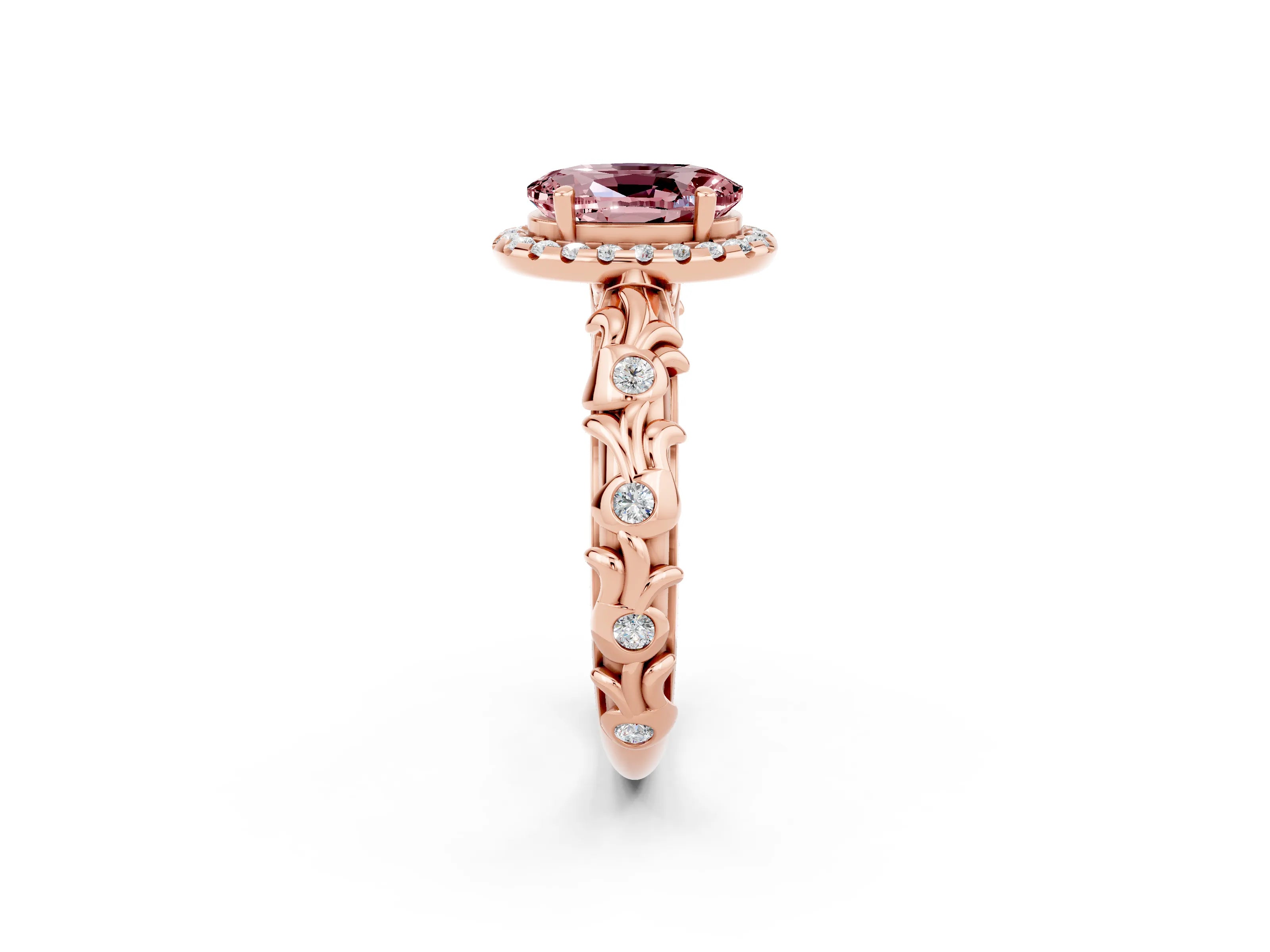 Rose gold Oval Cut Halo Diamond Solitaire with Filigree Band and Four-Prong Setting_2