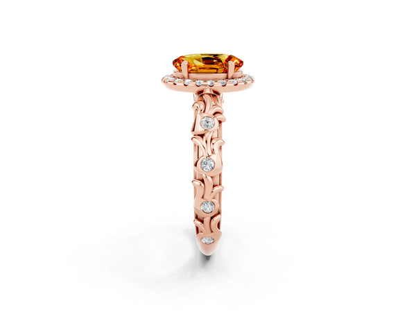 Rose gold Oval Cut Citrine Halo Ring with Filigree Band and Prong Setting