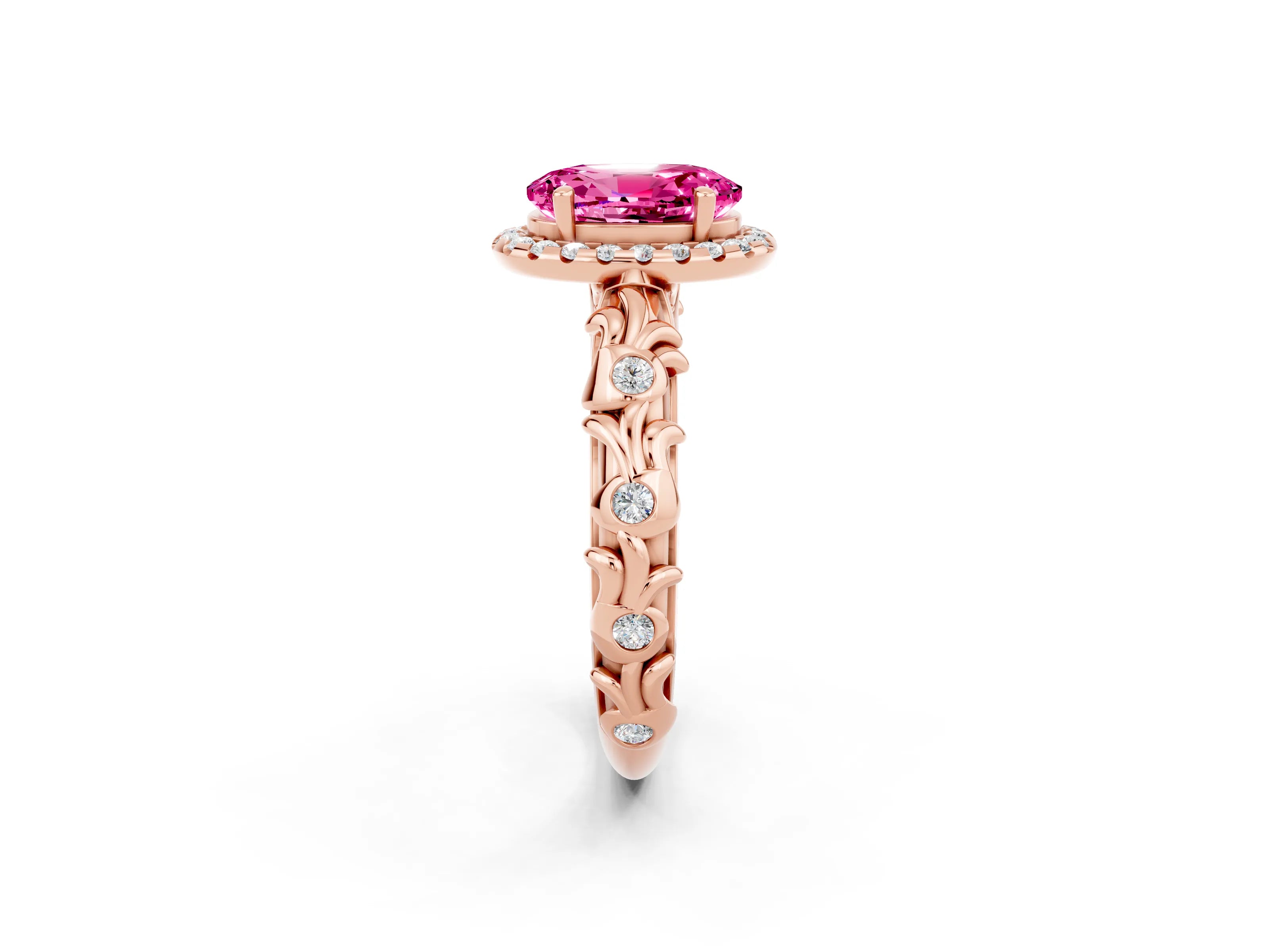 Rose gold Oval Cut Halo Diamond Solitaire with Filigree Band and Four-Prong Setting_2