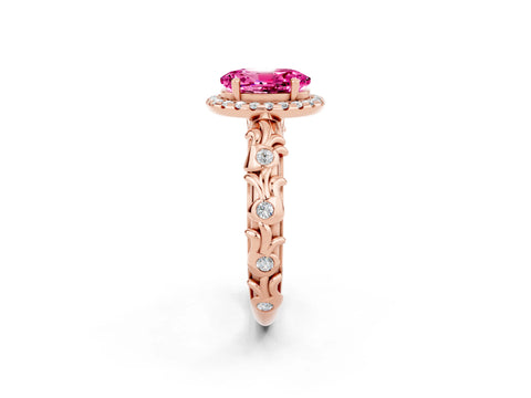 Rose gold Oval Cut Halo Diamond Solitaire with Filigree Band and Four-Prong Setting_2
