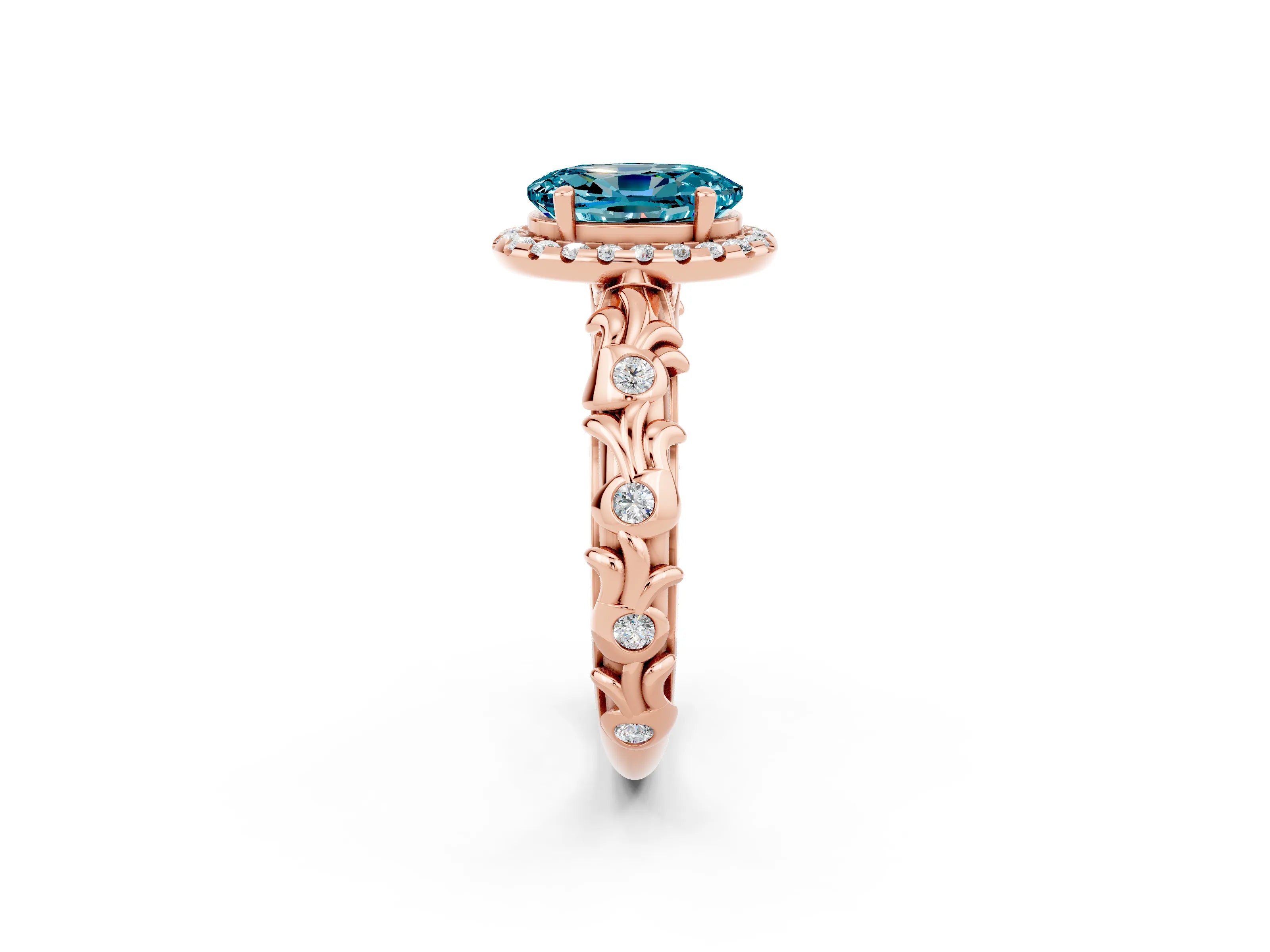 Rose gold Oval Cut Halo Diamond Solitaire with Filigree Band and Four-Prong Setting_2