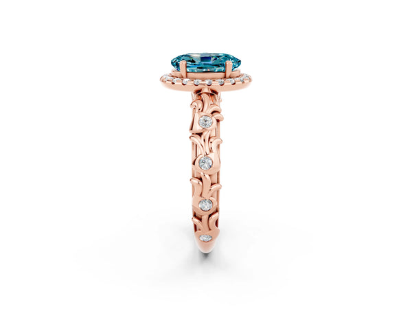 Rose gold Oval Cut Halo Diamond Solitaire with Filigree Band and Four-Prong Setting