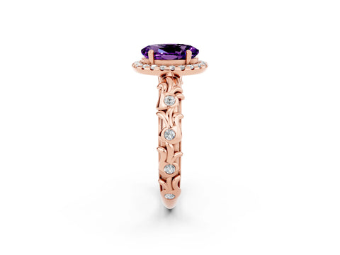 Rose gold Oval Cut Halo Diamond Solitaire with Filigree Band and Four-Prong Setting_2