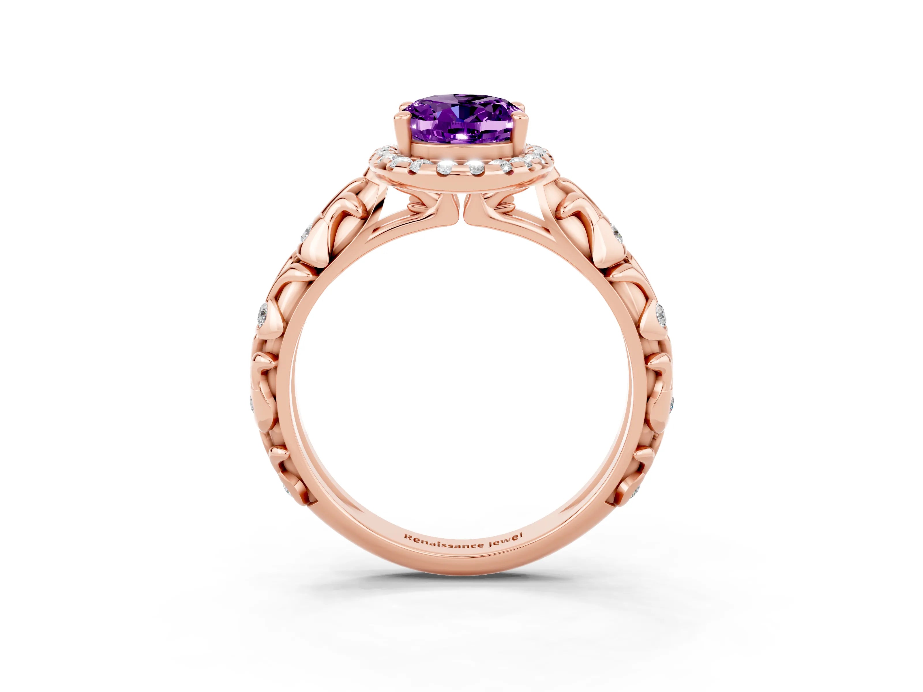 Rose gold Oval Cut Halo Diamond Solitaire with Filigree Band and Four-Prong Setting_3