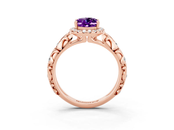 Rose gold Oval Cut Amethyst Halo Ring with Filigree Band and Prong Setting