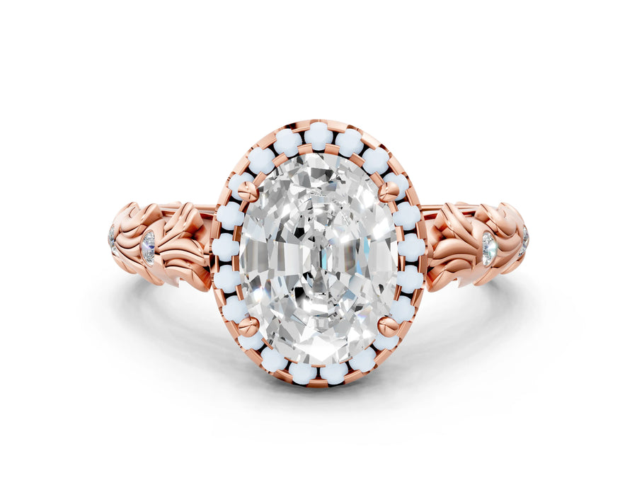 Rose gold Oval Cut Halo Diamond Solitaire with Filigree Band and Four-Prong Setting