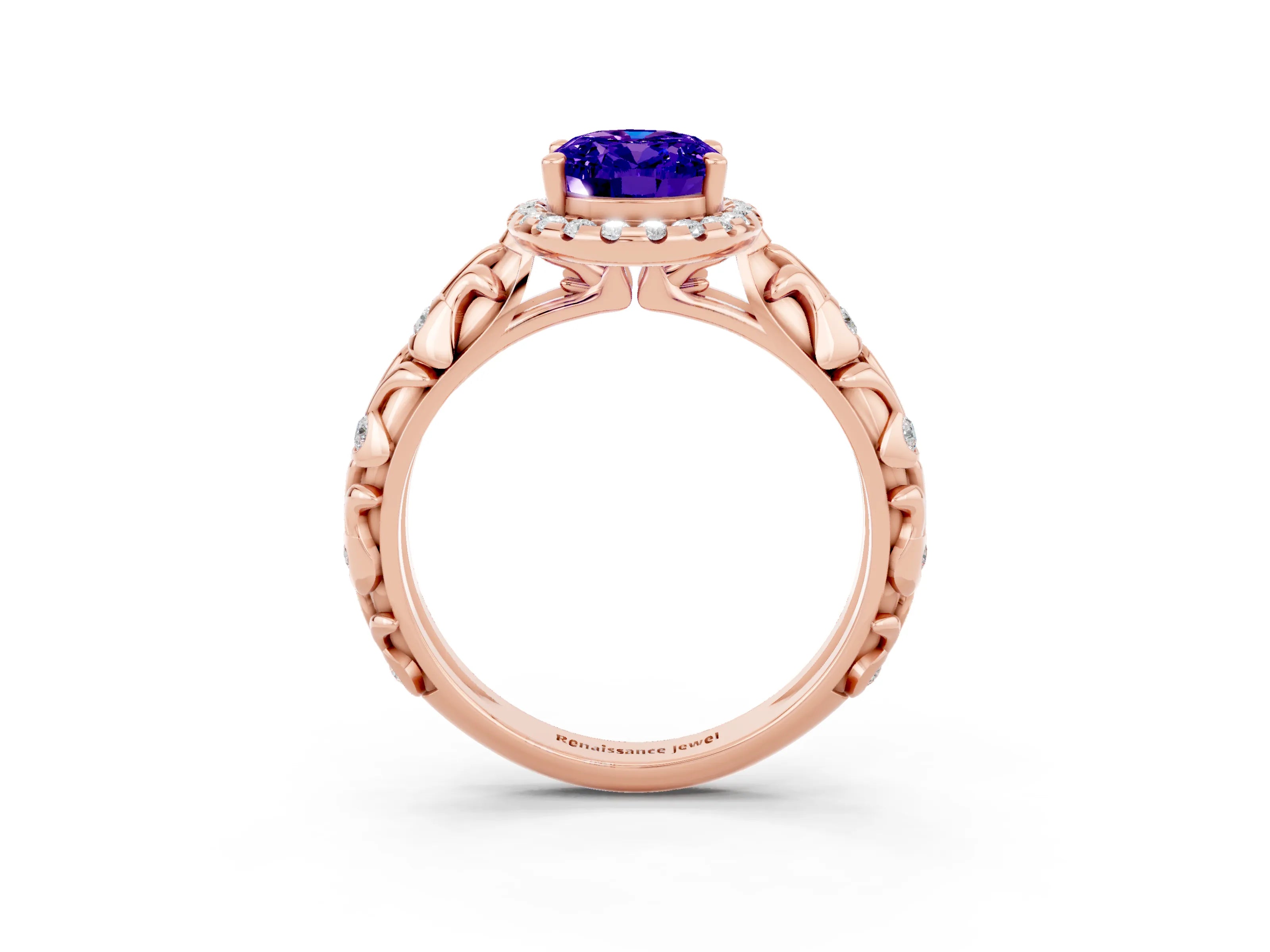 Rose gold Oval Cut Halo Diamond Solitaire with Filigree Band and Four-Prong Setting_3