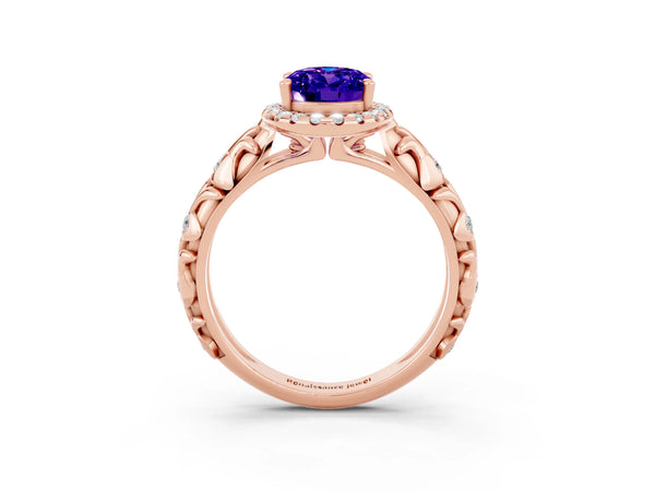 Rose gold Oval Cut Tanzanite Halo Ring with Filigree Band and Prong Setting