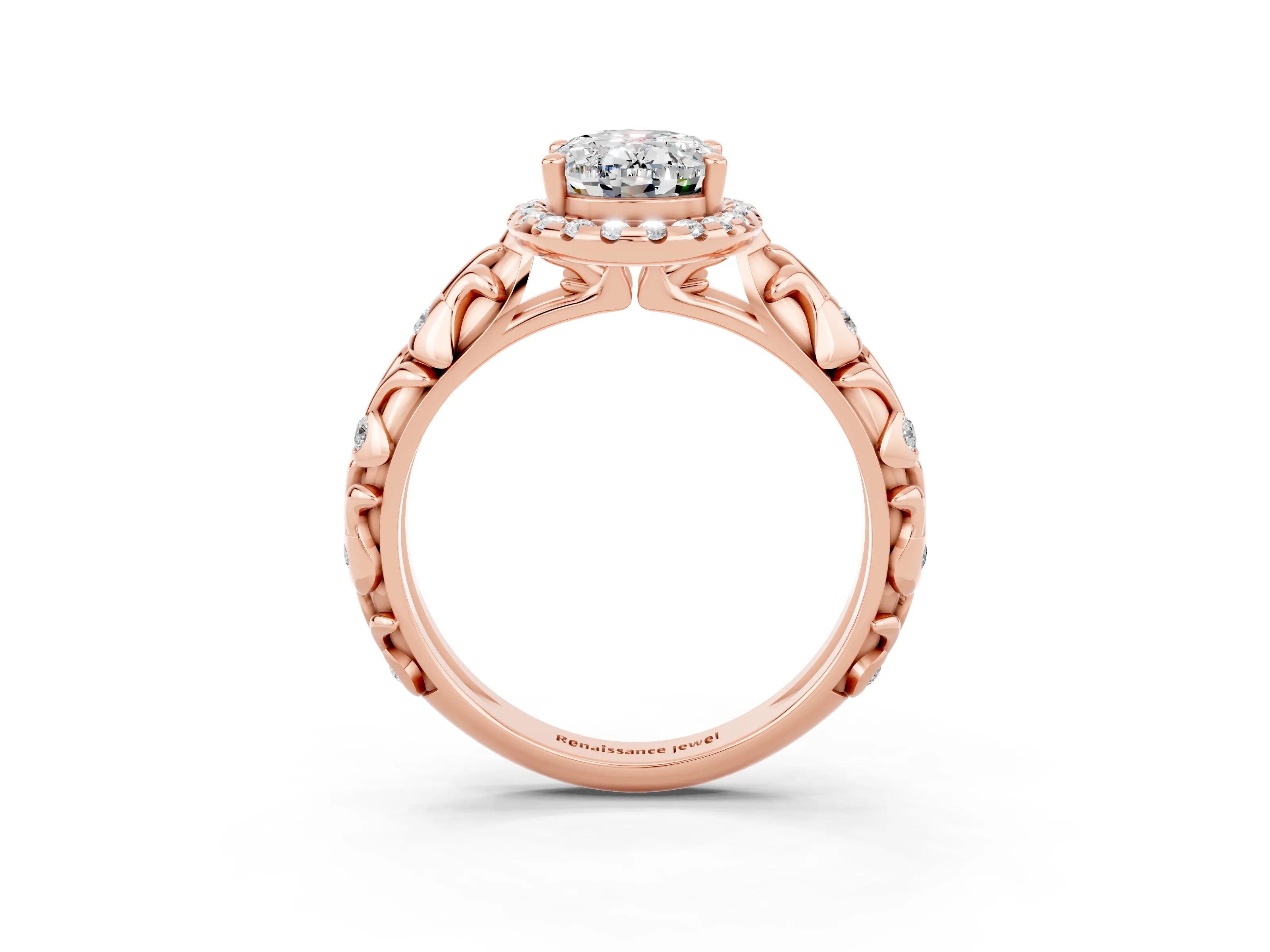 Rose gold Oval Cut Halo Diamond Solitaire with Filigree Band and Four-Prong Setting_3