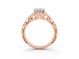 Rose gold Oval Cut Halo Diamond Solitaire with Filigree Band and Four-Prong Setting_3