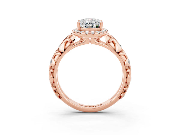 Rose gold Oval Cut Moissanite Halo Ring with Filigree Band and Prong Setting