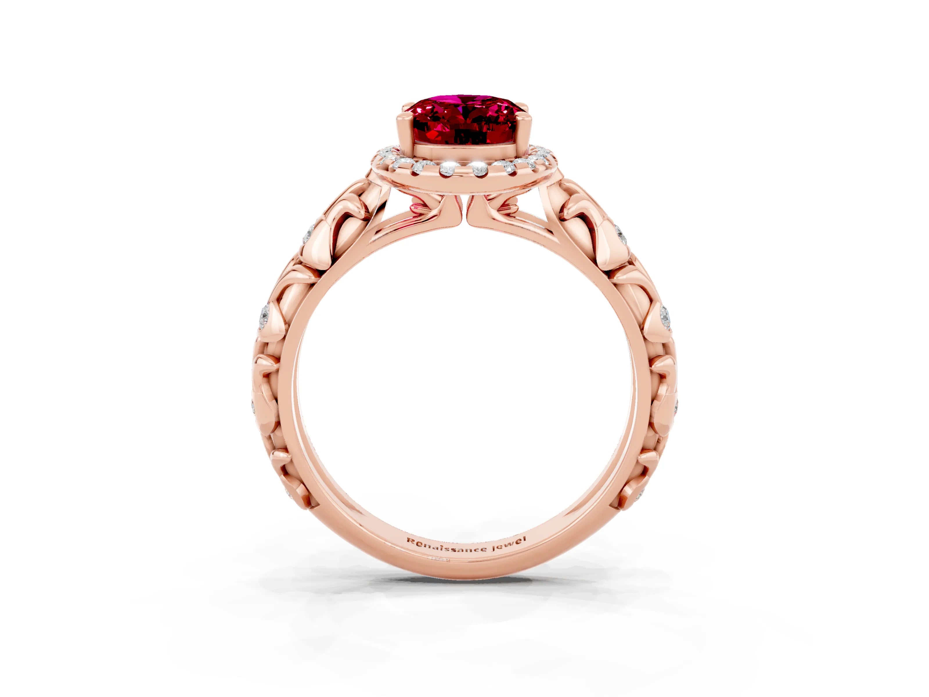 Rose gold Oval Cut Halo Diamond Solitaire with Filigree Band and Four-Prong Setting_3