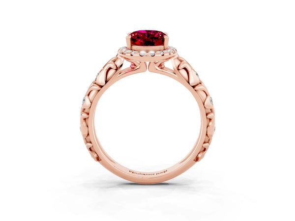 Rose gold Oval Cut Garnet Halo Ring with Filigree Band and Prong Setting