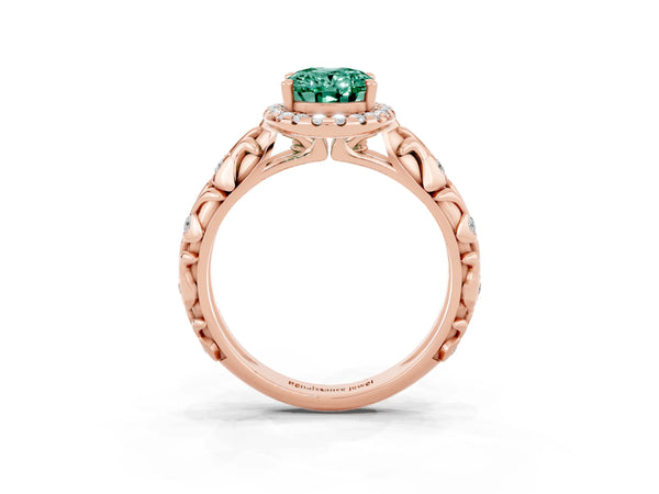 Rose gold Oval Cut Green Sapphire Halo Ring with Filigree Band and Prong Setting