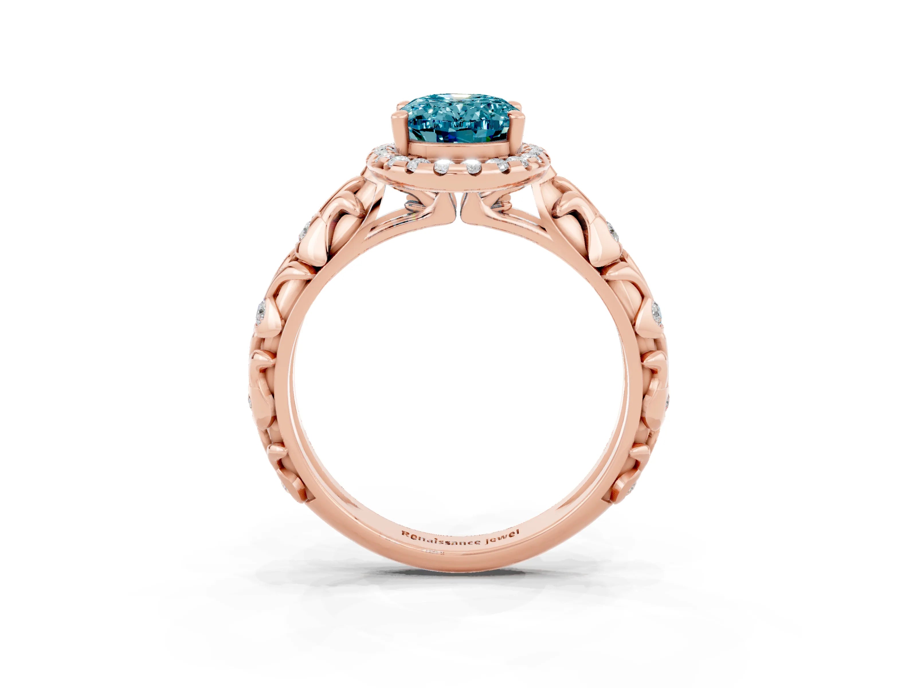 Rose gold Oval Cut Halo Diamond Solitaire with Filigree Band and Four-Prong Setting_3
