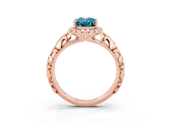 Rose gold Oval Cut Halo Diamond Solitaire with Filigree Band and Four-Prong Setting