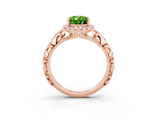 Rose gold Oval Cut Peridot Halo Ring with Filigree Band and Prong Setting