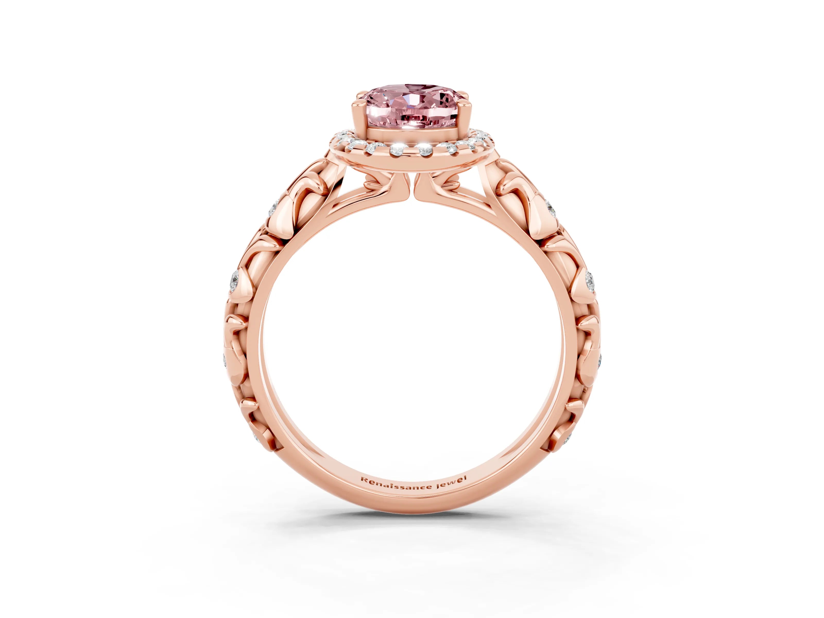 Rose gold Oval Cut Halo Diamond Solitaire with Filigree Band and Four-Prong Setting_3