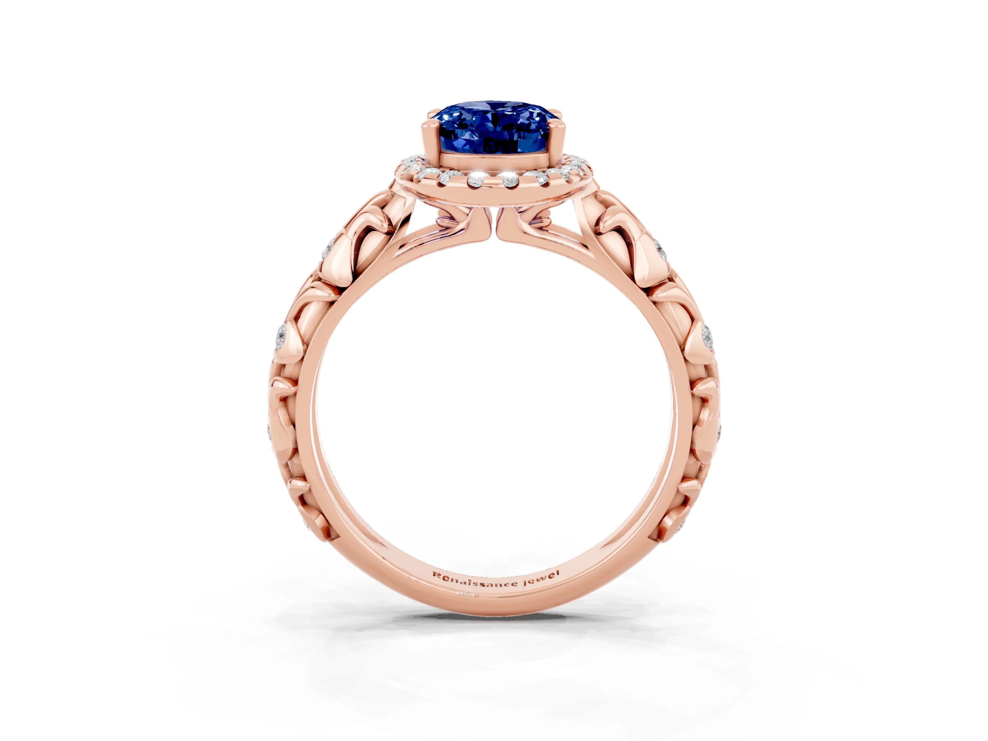 Rose gold Oval Cut Halo Diamond Solitaire with Filigree Band and Four-Prong Setting_3