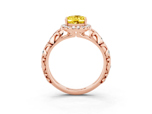 Rose gold Oval Cut Yellow Sapphire Halo Ring with Filigree Band and Prong Setting