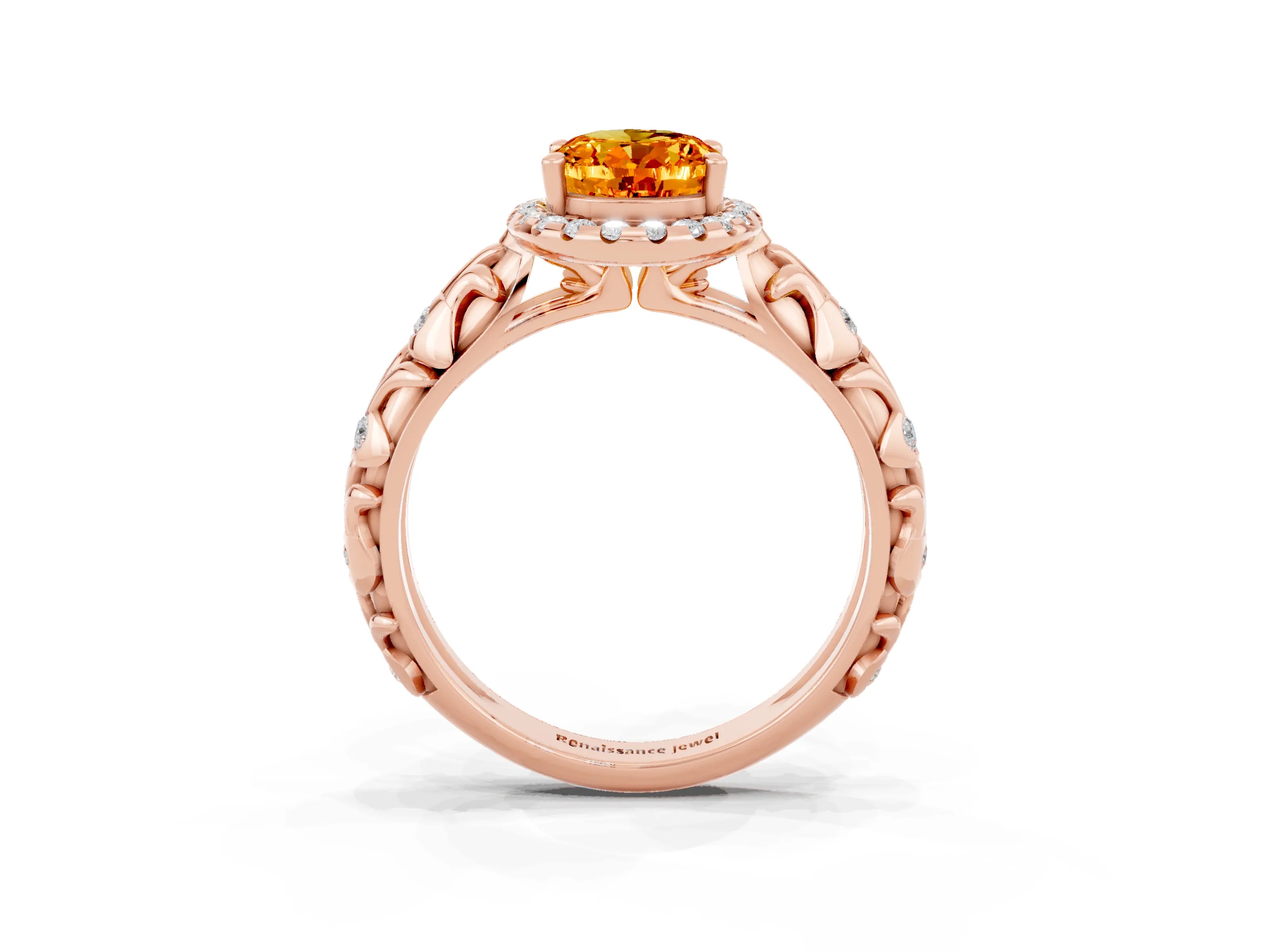 Rose gold Oval Cut Halo Diamond Solitaire with Filigree Band and Four-Prong Setting_3