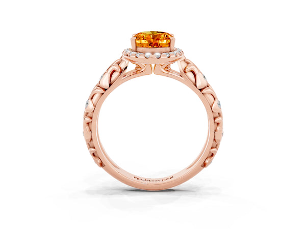 Rose gold Oval Cut Citrine Halo Ring with Filigree Band and Prong Setting