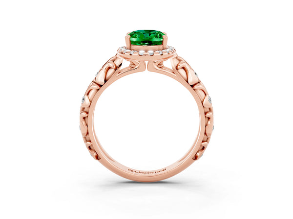 Rose gold Oval Cut Emerald Halo Ring with Filigree Band and Prong Setting