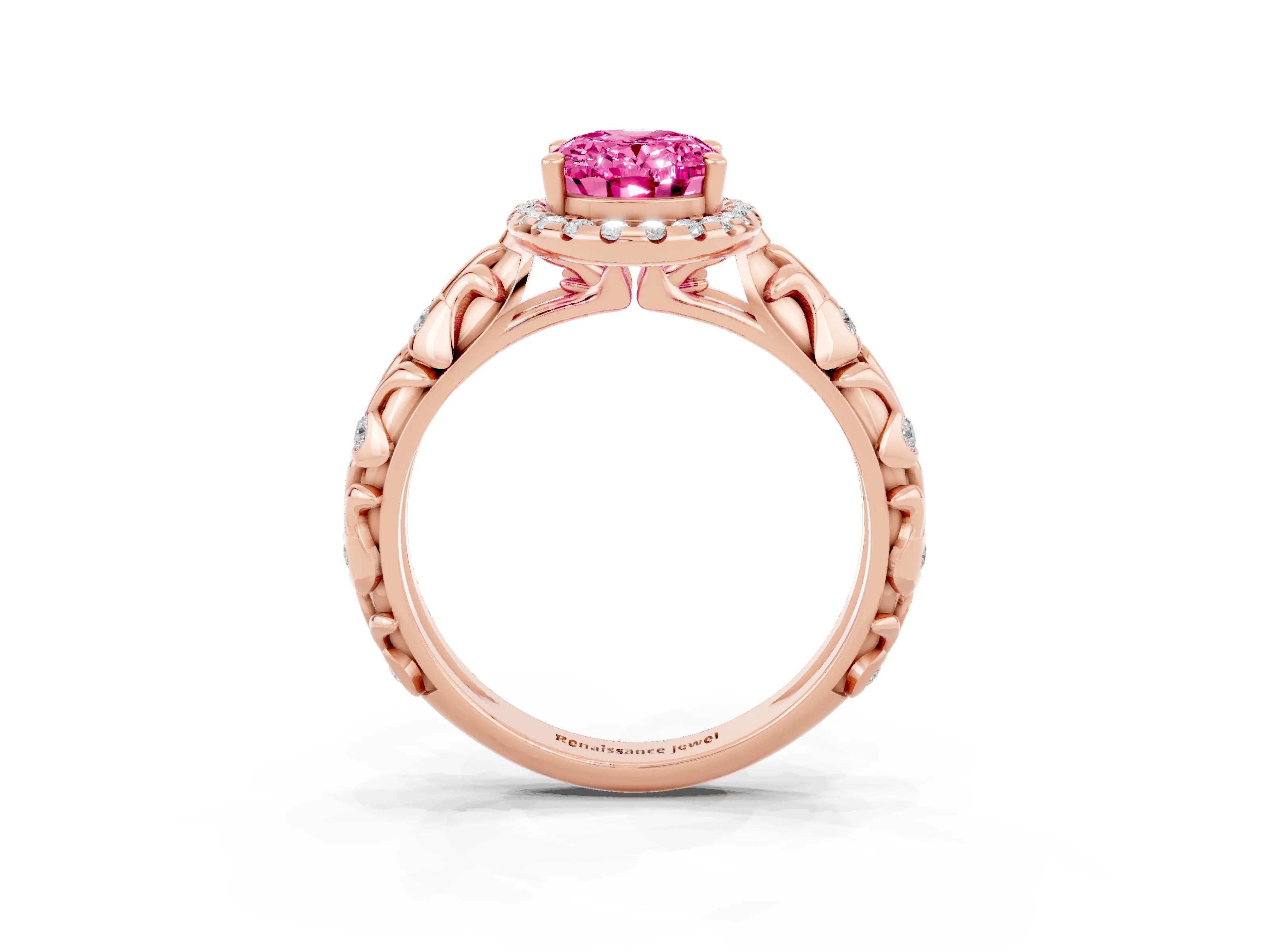 Rose gold Oval Cut Halo Diamond Solitaire with Filigree Band and Four-Prong Setting_3