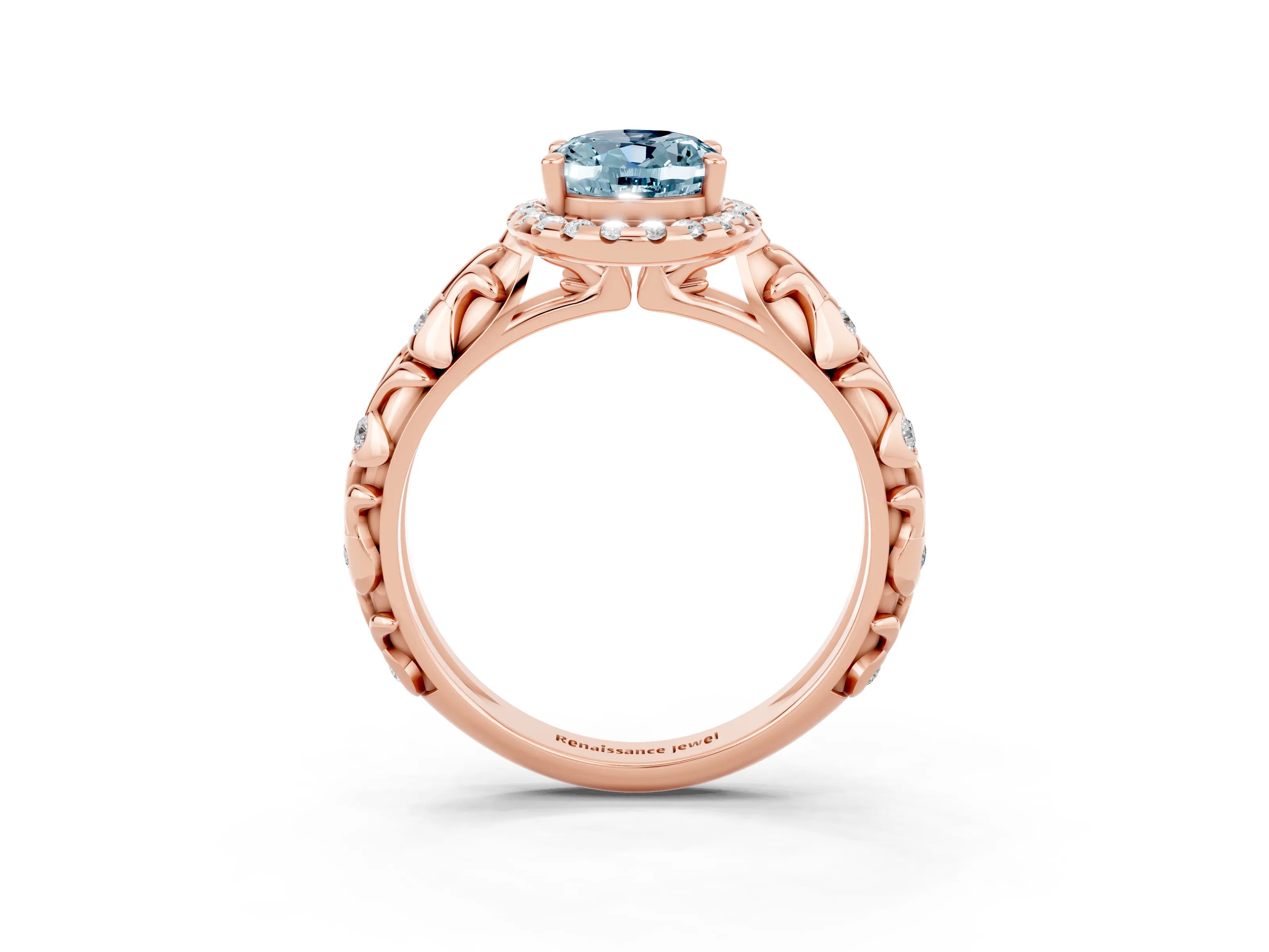 Rose gold Oval Cut Halo Diamond Solitaire with Filigree Band and Four-Prong Setting_3