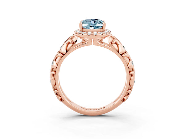 Rose gold Oval Cut Aquamarine Halo Ring with Filigree Band and Prong Setting
