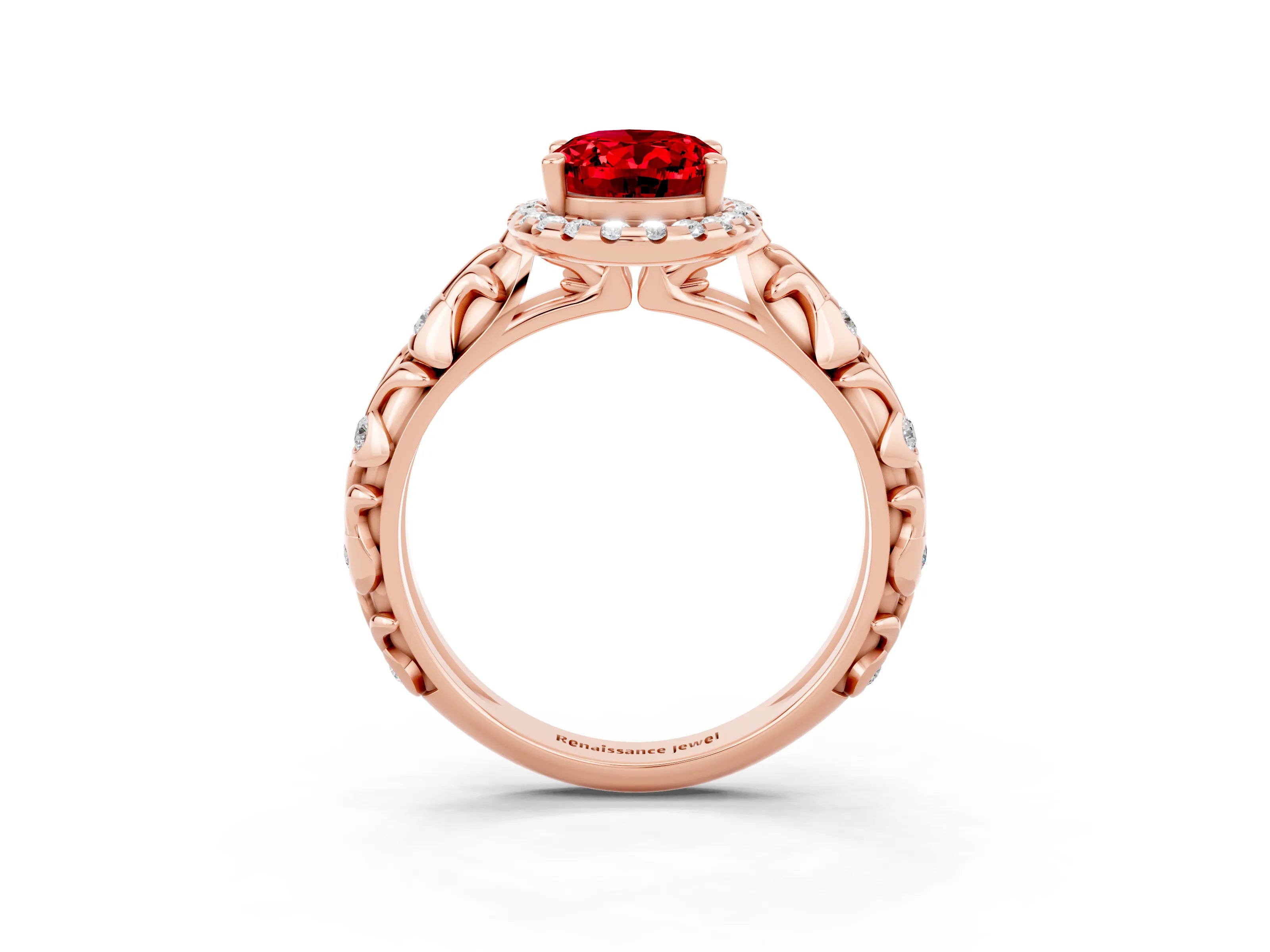 Rose gold Oval Cut Halo Diamond Solitaire with Filigree Band and Four-Prong Setting_3