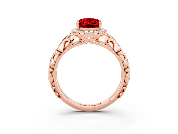 Rose gold Oval Cut Ruby Halo Ring with Filigree Band and Prong Setting