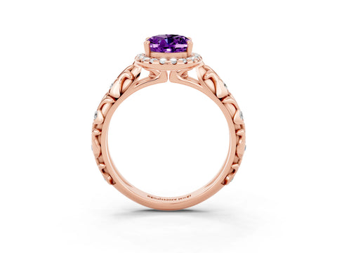Rose gold Oval Cut Halo Diamond Solitaire with Filigree Band and Four-Prong Setting_3