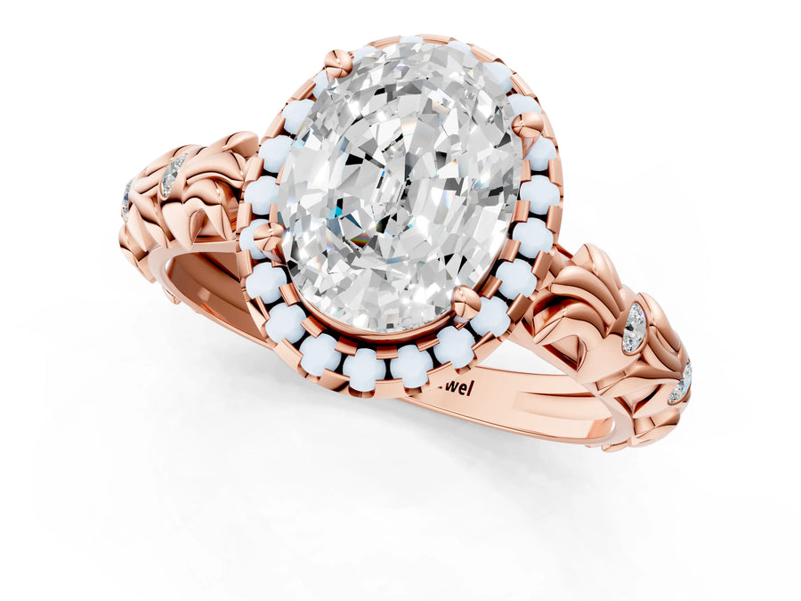 Rose gold Oval Cut Halo Diamond Solitaire with Filigree Band and Four-Prong Setting