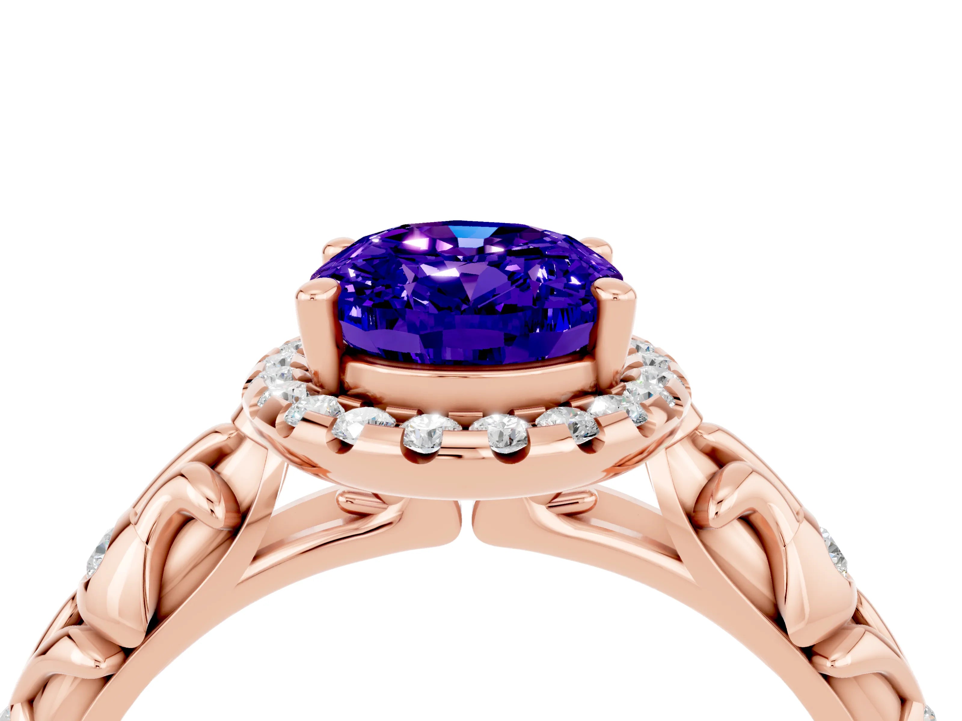 Rose gold Oval Cut Halo Diamond Solitaire with Filigree Band and Four-Prong Setting_4
