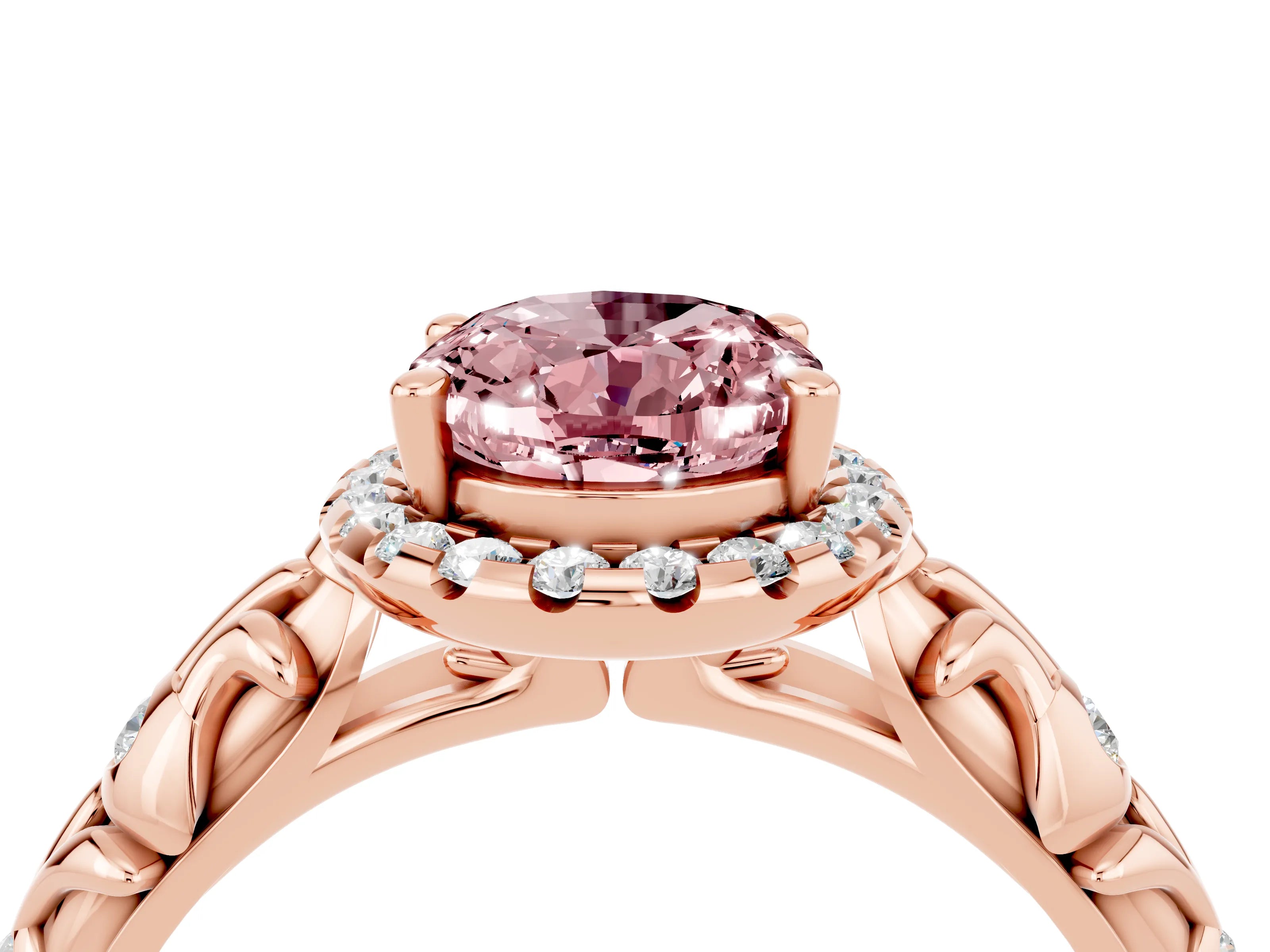 Rose gold Oval Cut Halo Diamond Solitaire with Filigree Band and Four-Prong Setting_4
