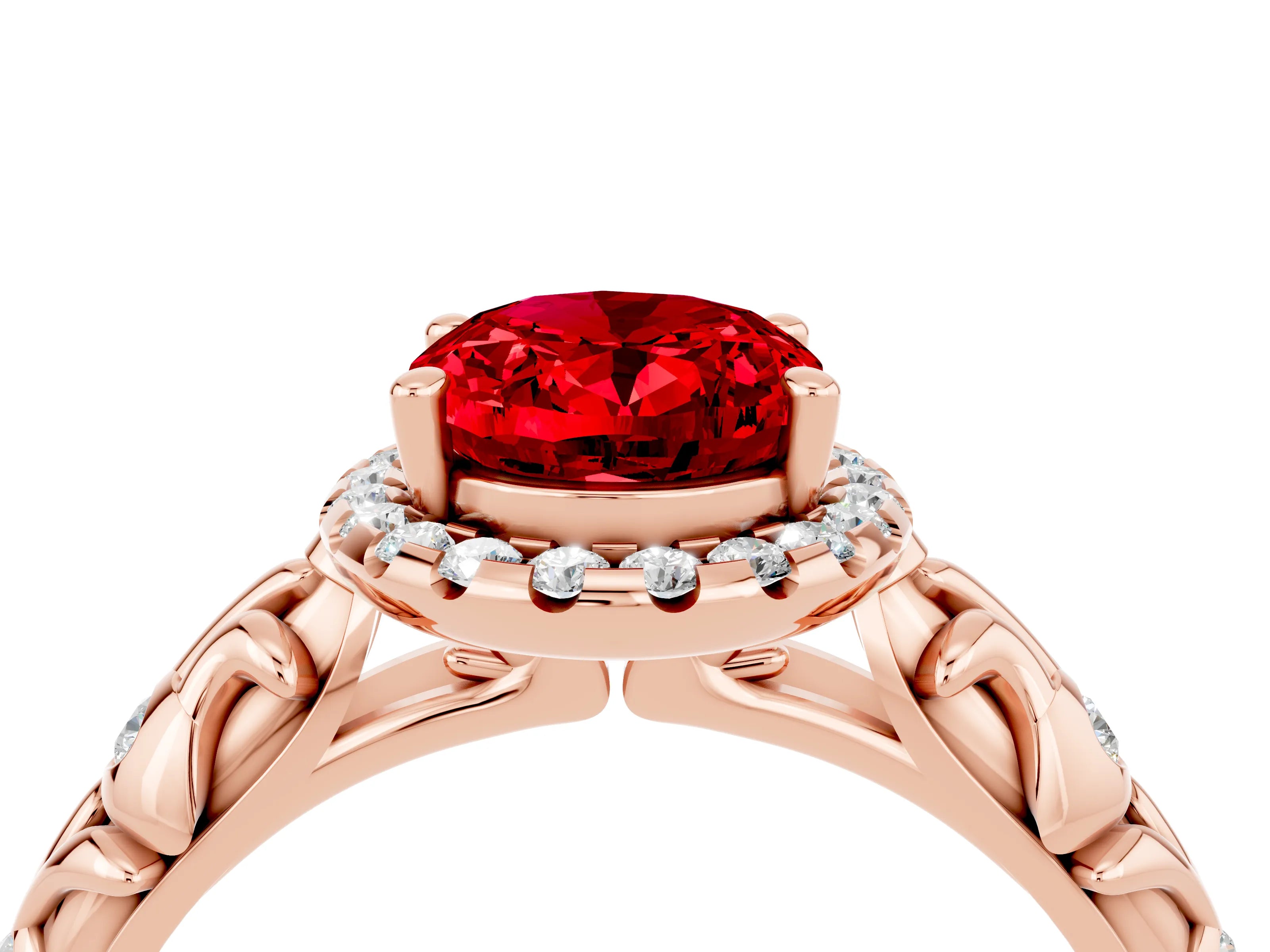 Rose gold Oval Cut Halo Diamond Solitaire with Filigree Band and Four-Prong Setting_4