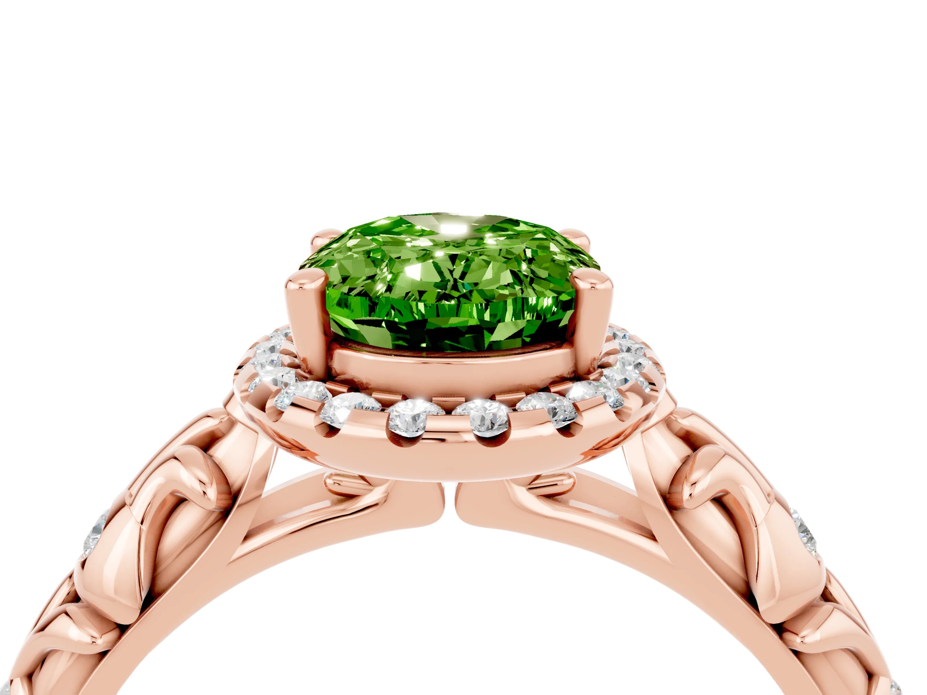 Rose gold Oval Cut Halo Diamond Solitaire with Filigree Band and Four-Prong Setting_4