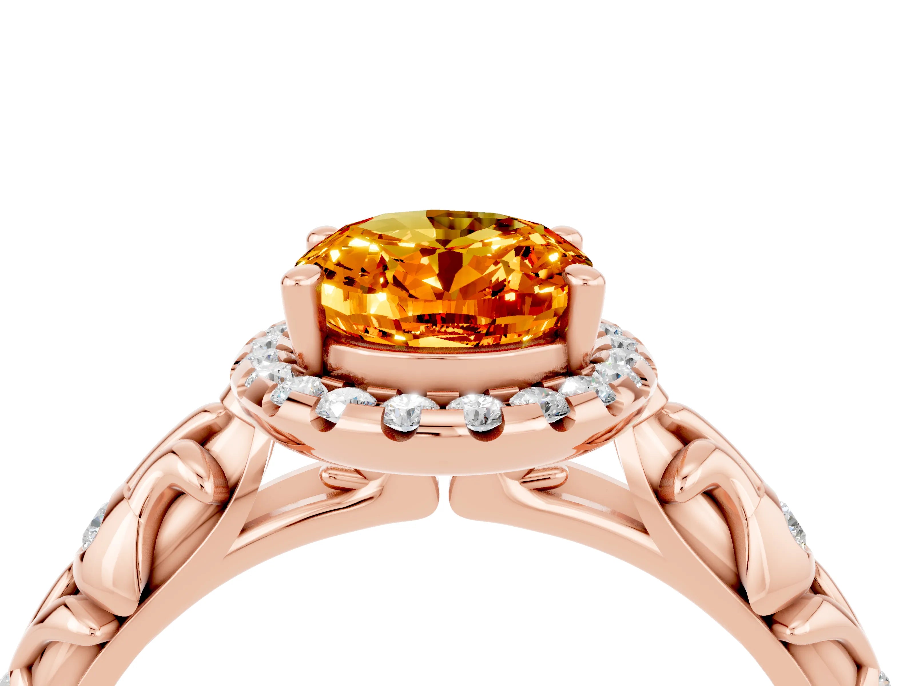 Rose gold Oval Cut Halo Diamond Solitaire with Filigree Band and Four-Prong Setting_4